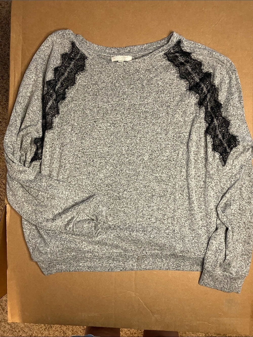 Ultra Flirt Grey Crewneck Sweater with Black Lace Shoulder Trim-SIZE XL